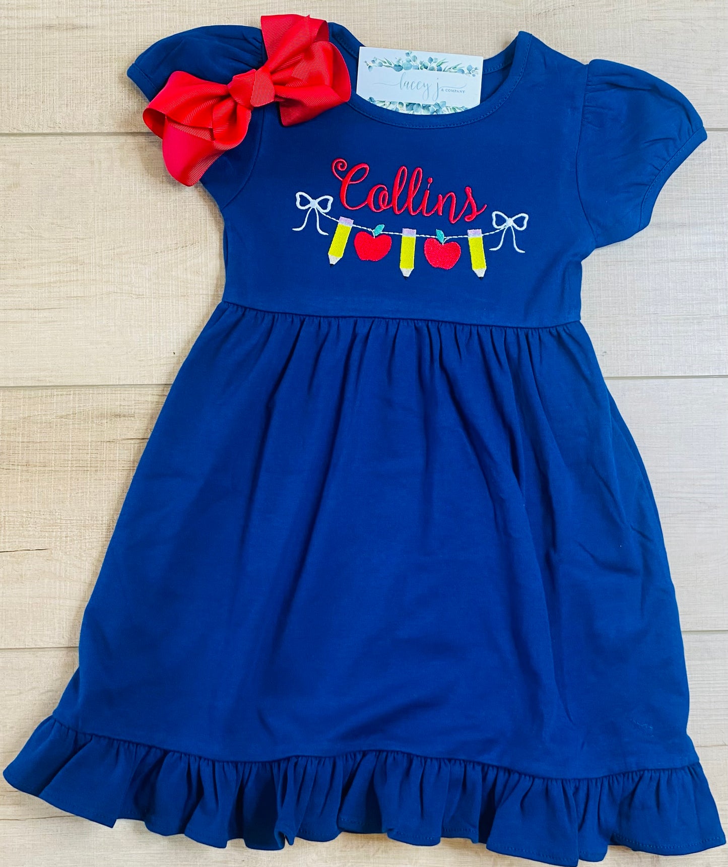 Apple Pencil Banner Navy Dress