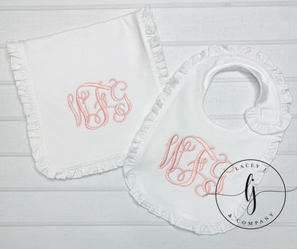 Monogrammed Ruffle Bib and Burp Cloth