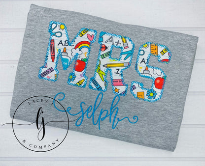School Supply Teacher Applique (Blue)