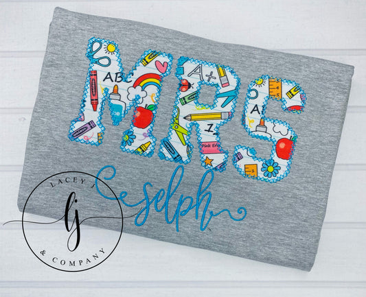School Supply Teacher Applique (Blue)