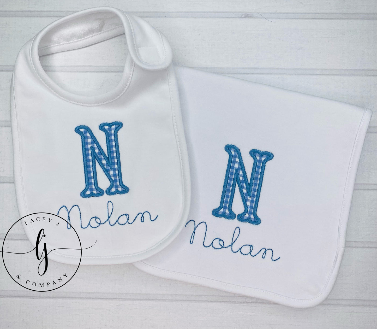 Monogrammed Applique Bib and Burp Cloth