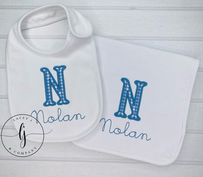 Monogrammed Applique Bib and Burp Cloth